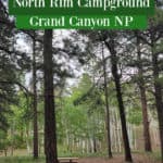 Photo of a campsite at the North Rim Campground in a forested area with text "North Rim Campground Grand Canyon NP by ParkRangerJohn.com"