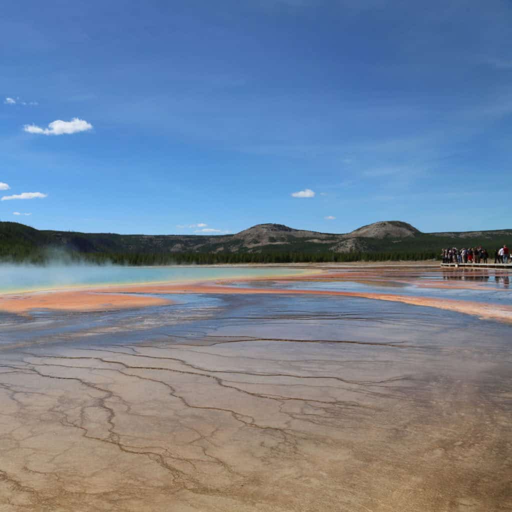 park visitors walking on boardwalk in midway geyser basin in Yellowstone National Park