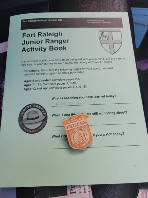 Fort Raleigh National Historic Site junior ranger program with badge