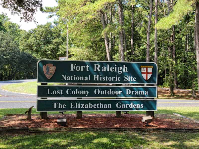 Fort Raleigh National Historic Site entrance sign with the Lost Colony Outdoor Drama and The Elizabethan Gardens