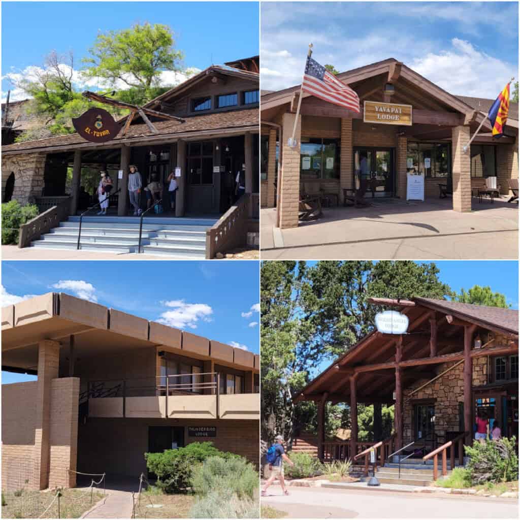 Photos of El Tovar, Bright Angel Lodge, Thunderbird Lodge, and Yavapai Lodge
