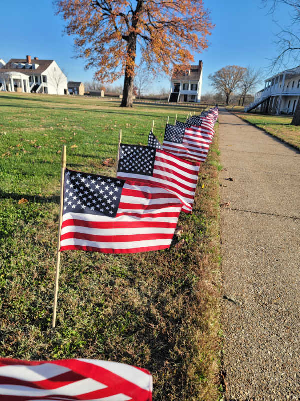 American flags lining the path around Fort Scott NHS
