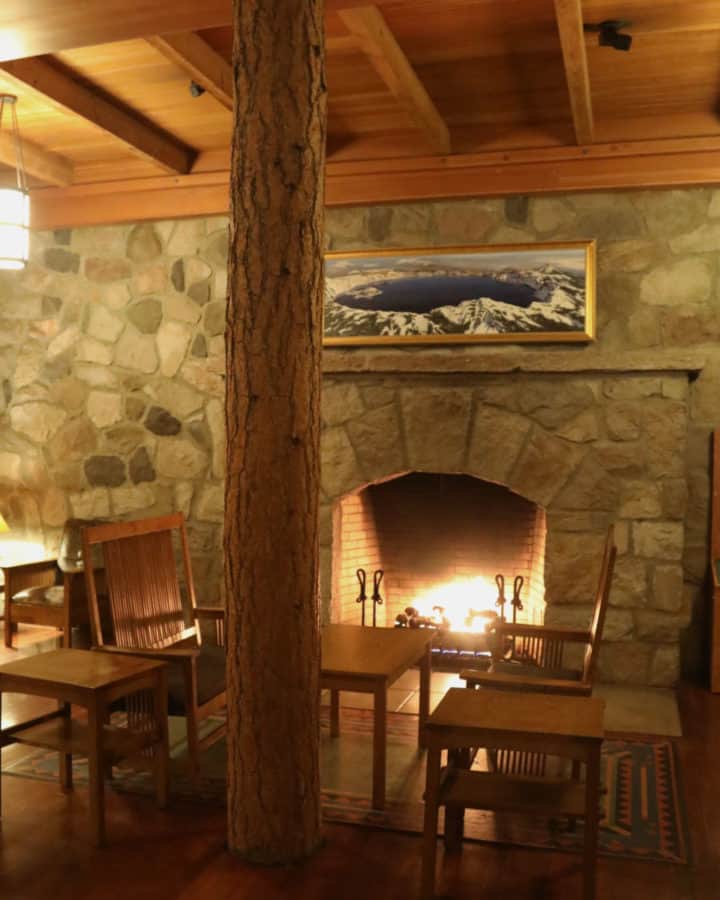 Fireplace as a central attraction in many lobbies of our National Park Lodges, like the Crater Lake Lodge in photo above