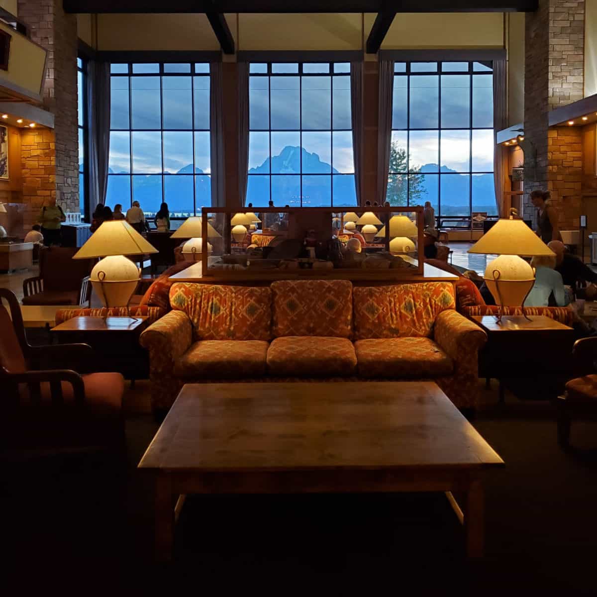 The lobby of Jackson Lake Lodge at Grand Teton National Park in Wyoming