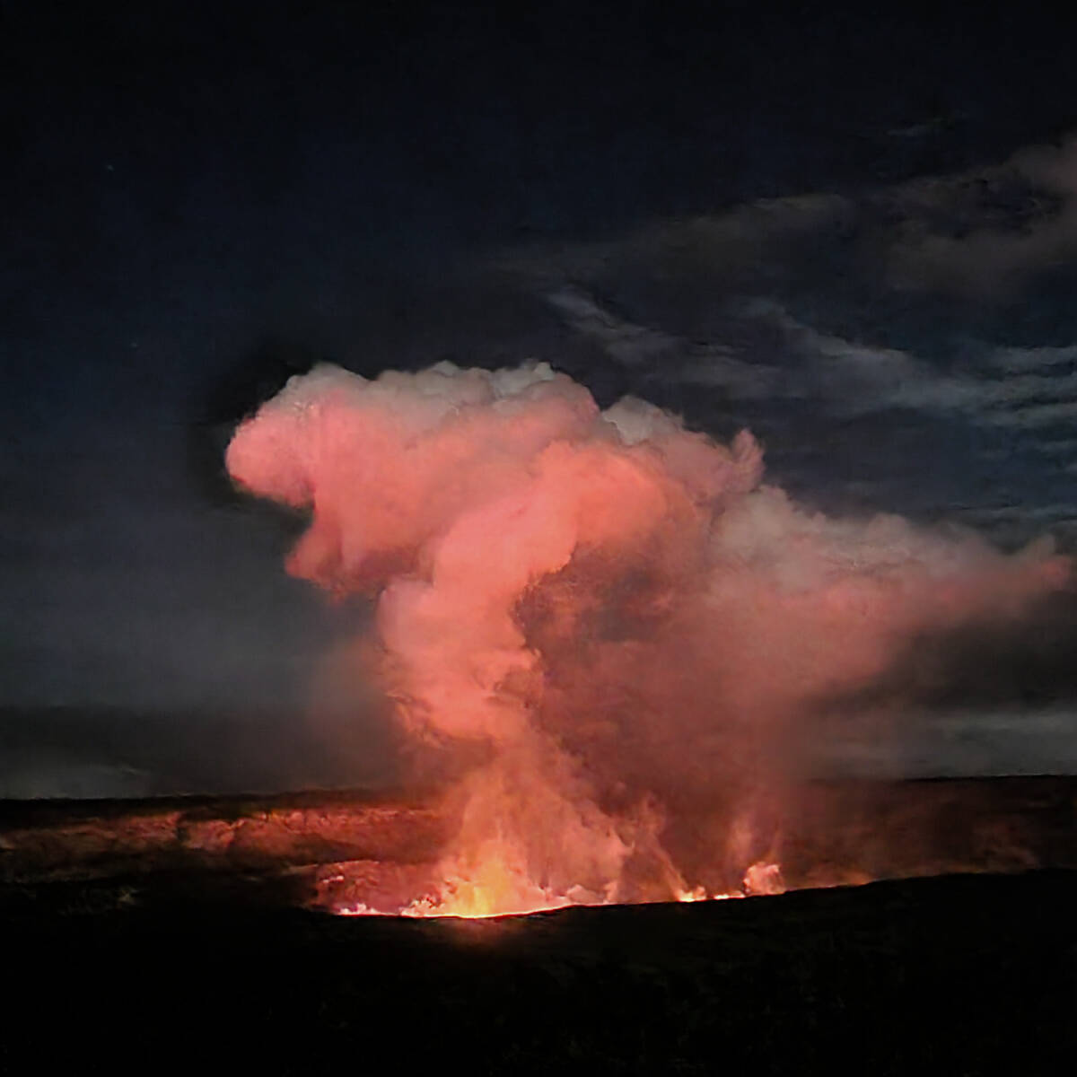 View of Kilauea Caldera at night from the Lanai of Volcano House Lodge, Big Island of Hawaii