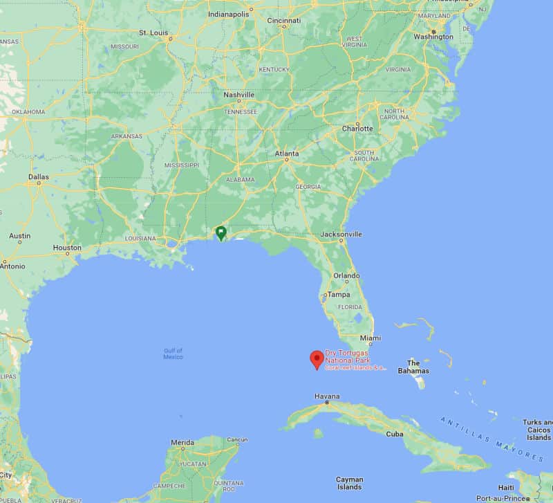 Map showing where Dry Tortugas is compared to the United States, Cuba, and Mexico. 