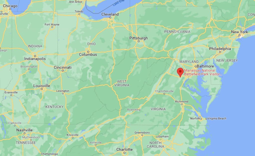 Map showing location of Manassas National Battlefield Park on map of the USA