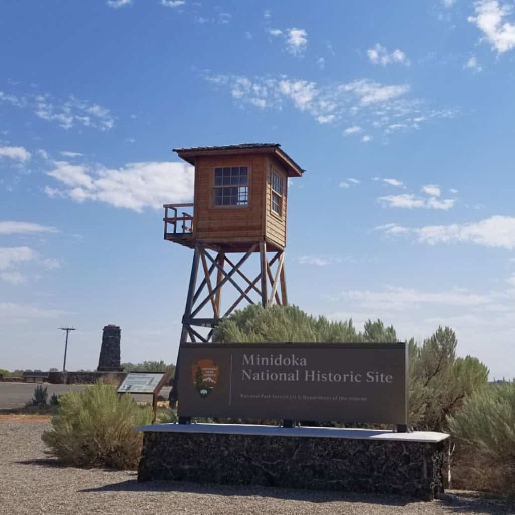 Minidoka National Historic Site entrance sign and watch tower