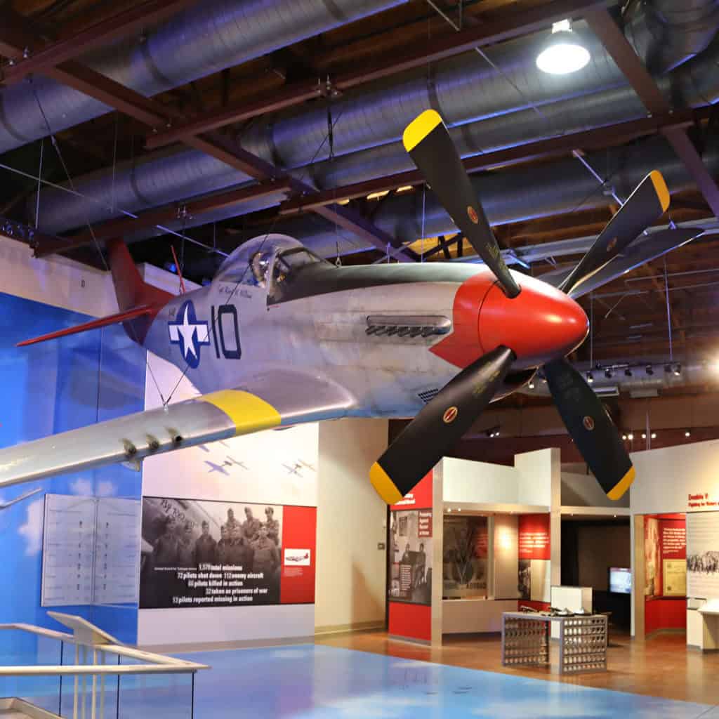 P-51 Mustang with a red tail at Tuskegee Airmen National Historic Site