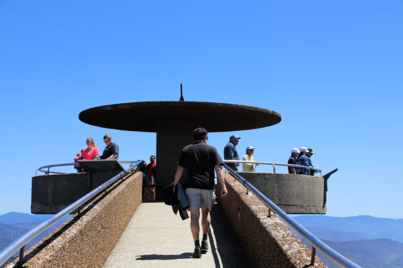 Clingmans Dome observation tower with people looking out at the views of Great Smoky Mountains National Park