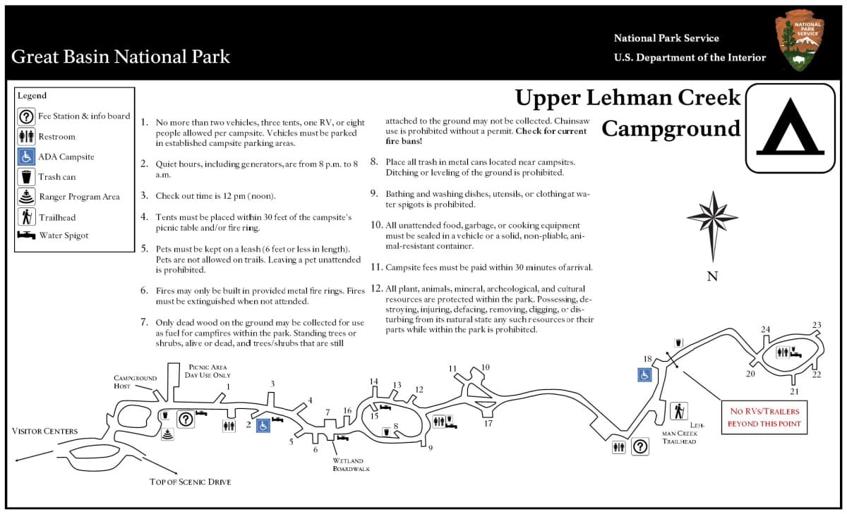 Upper Lehman Creek Campground Map, Great Basin National Park