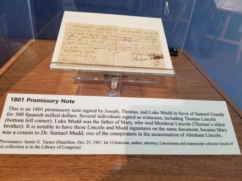 1801 Promissory Note inside a display at visitor center for Abraham Lincoln Birthplace National Historical Park, Kentucky