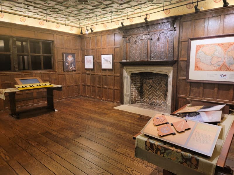 Elizabethan Room with wood paneling and fancy ceiling in the visitor center of Fort Raleigh National Historic Site