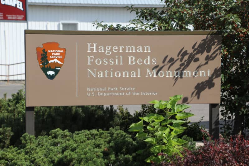 Hagerman Fossil Beds National Monument entrance sign surrounded by leaves 