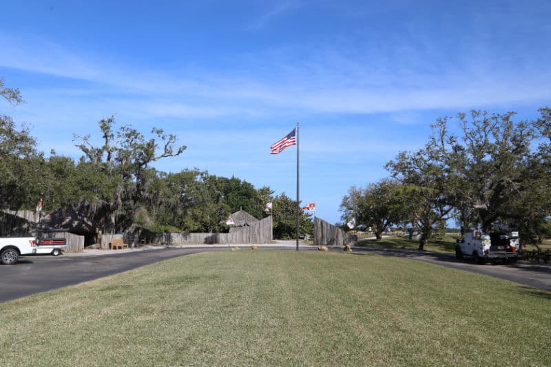 Entrance Gate and American Flag at De Soto National Memorial, Florida