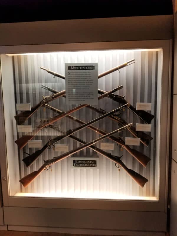 Display case with Experimental Trapdoor Rifles at Springfield Armory NHS