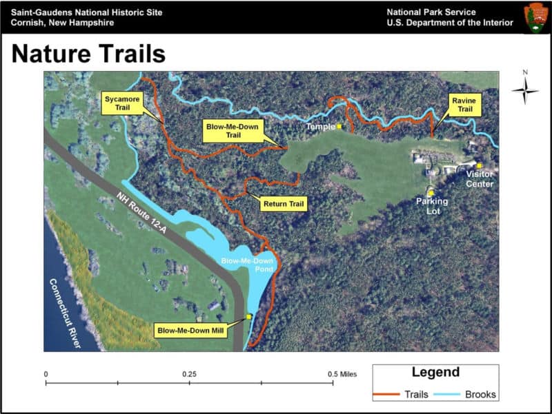 hiking trail map in Saint Gaudens National Historical Park, New Hampshire