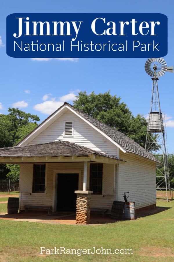 Jimmy Carter National Historical Park text over a historic barn near Plains, Georgia