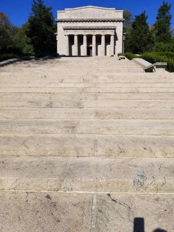 Looking up concrete stairs to the Lincoln Birthplace Memorial