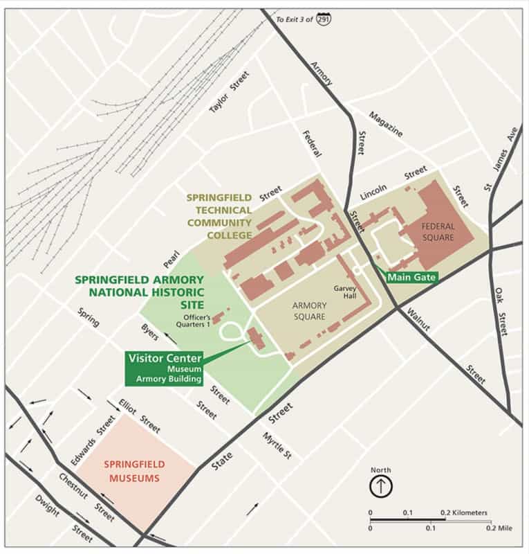 Map of Springfield Armory National Historic Site and Springfield Technical Community College