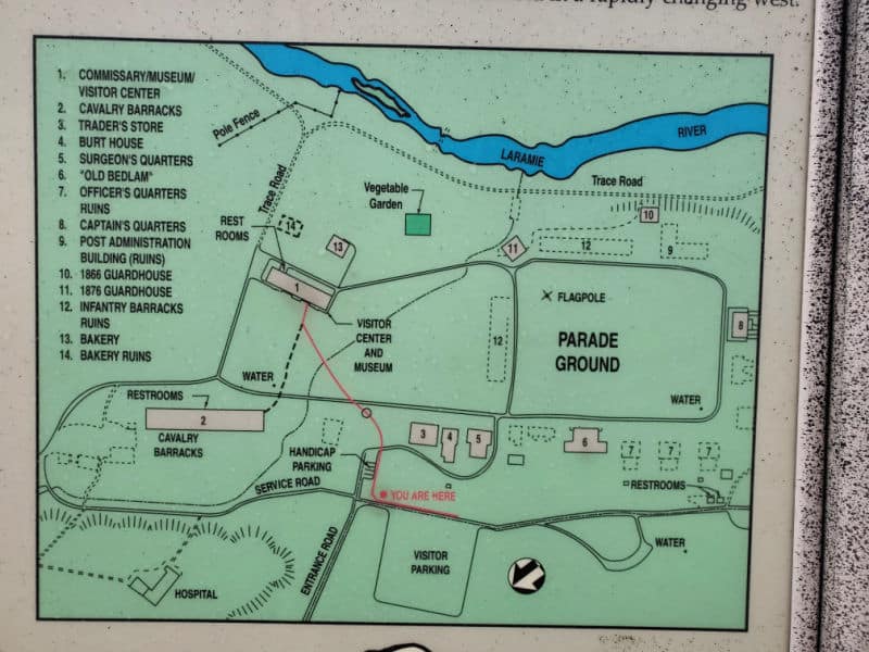 Map of historic buildings and parade grounds in Fort Laramie National Historic Site