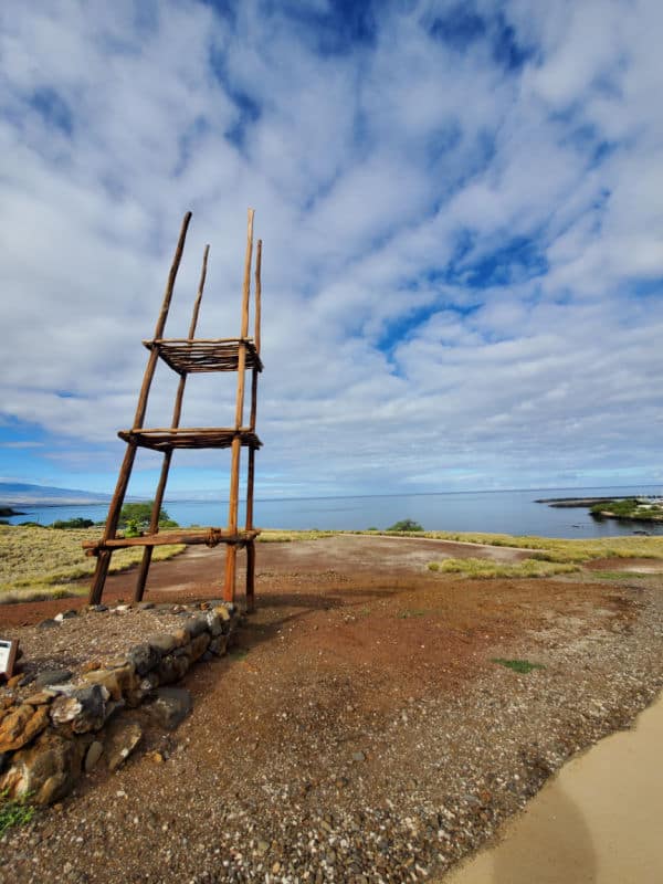 Wooden offering structure overlooking the Pacific Ocean in Pu`ukoholā Heiau National Historic Site, Big Island of Hawaii