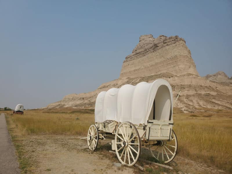 Oregon Trail covered wagon near Scotts Bluff National Monument, Nebraska