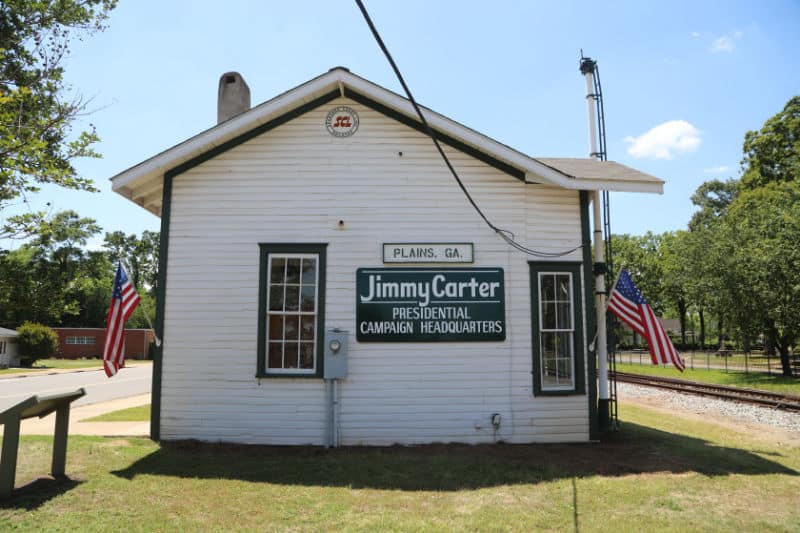 Plains Georgia train depot with Jimmy Carter Presidential Campaign Headquarters sign, Jimmy Carter National Historical Park, Georgia