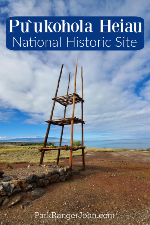 Pu`ukoholā Heiau National Historic Site, text over an offering site with views of the Pacific Ocean