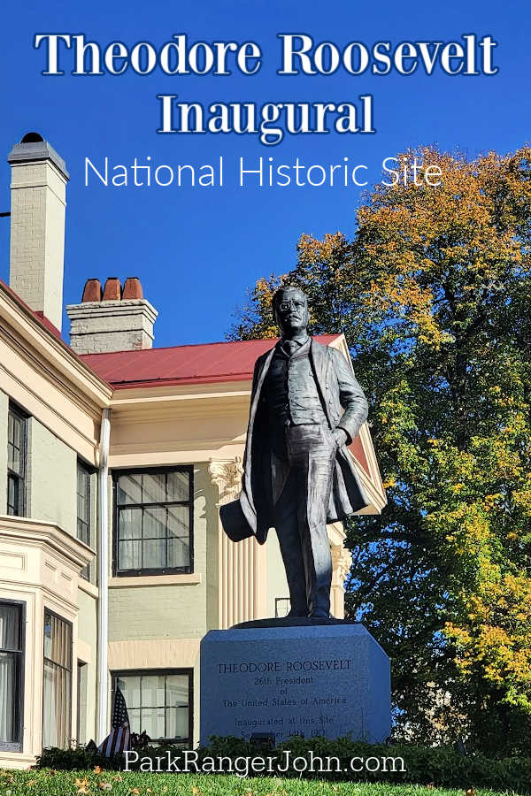 Theodore Roosevelt Inaugural National Historic Site text over a statue of Theodore Roosevelt in front of the Wilcox Mansion in Buffalo, NY