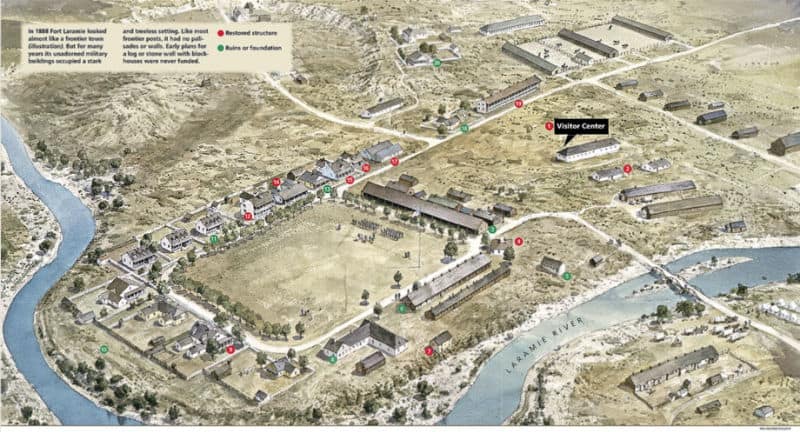 Fort Laramie National Historic Site map showing historic fort buildings