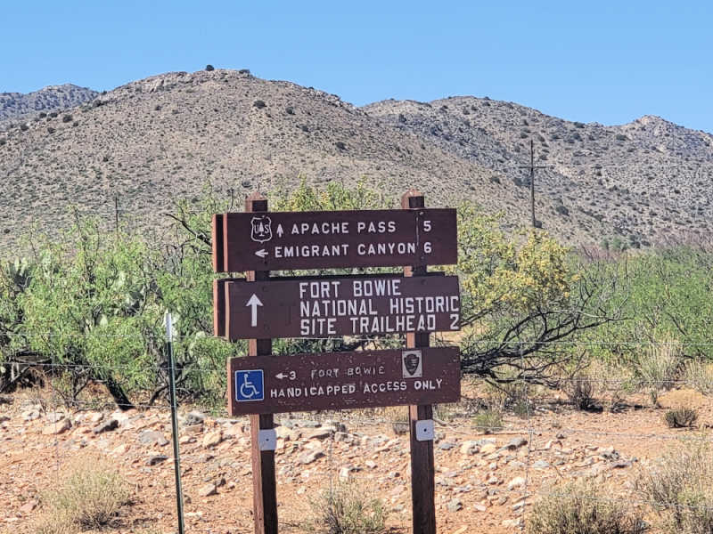 ada parking sign and road sign in Fort Bowie National Historic Site, Arizona