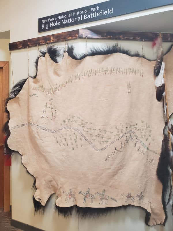 Buffalo hide with a painting on it at Big Hole National Battlefield