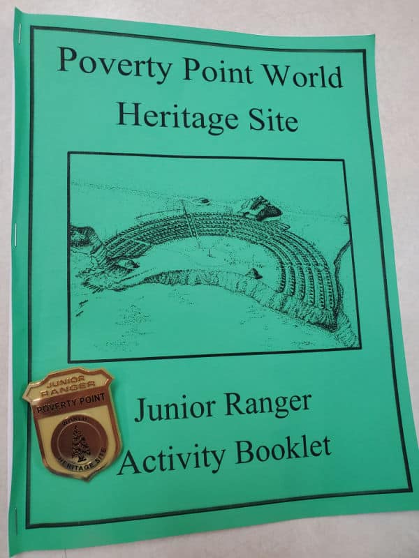 Poverty Point World Heritage Site Junior ranger program with a badge on top of it