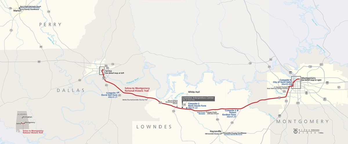 Selma to Montgomery National Historic Trail, trail map with points of intrest