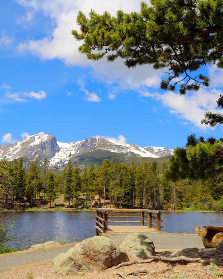 Sprague Lake overlook with Rocky Mountains in the background on a sunny day