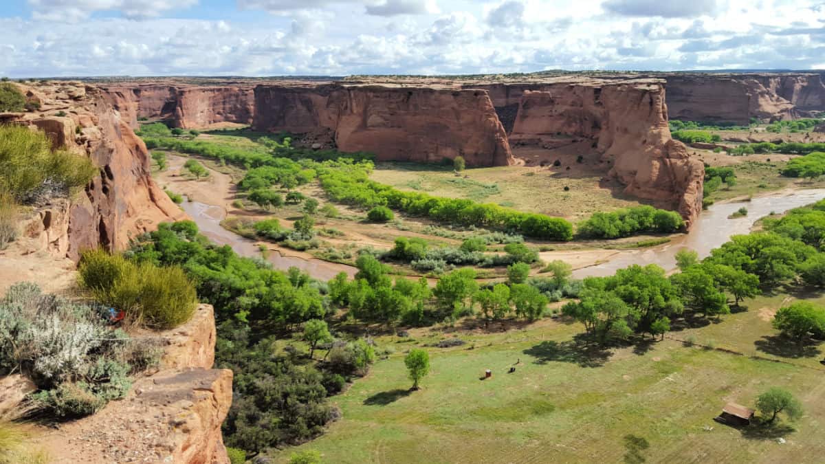 Looking down on a river and Canyon de Chelly valley