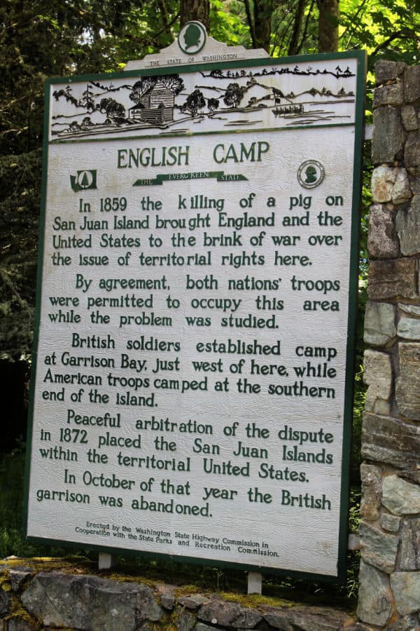 English Camp historic sign with information on San Juan Island National Historical Park, Washington 
