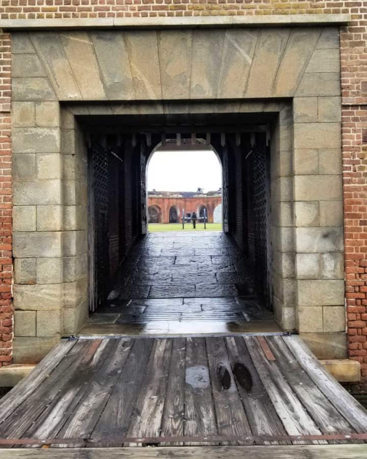 Entering Fort Pulaski's Drawbridge past the Moat at Fort Pulaski National Monument in Georgia