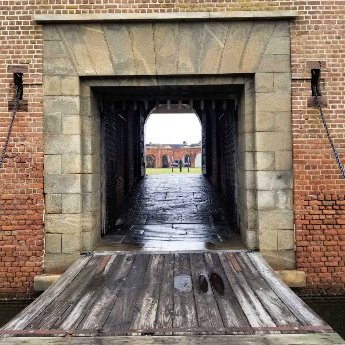 Entering Fort Pulaski's Drawbridge past the Moat at Fort Pulaski National Monument in Georgia