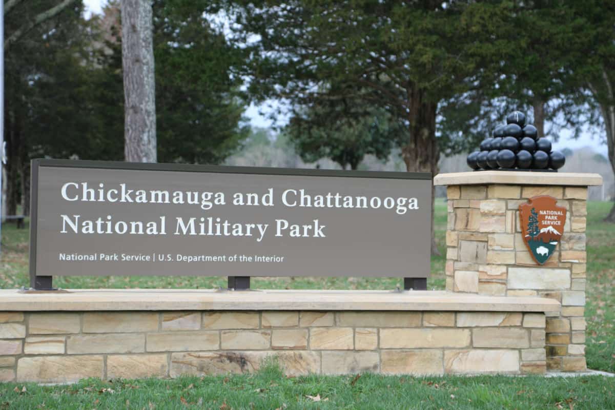 Chickamauga and Chattanooga National Military Park Entrance Sign with a stack of cannon balls