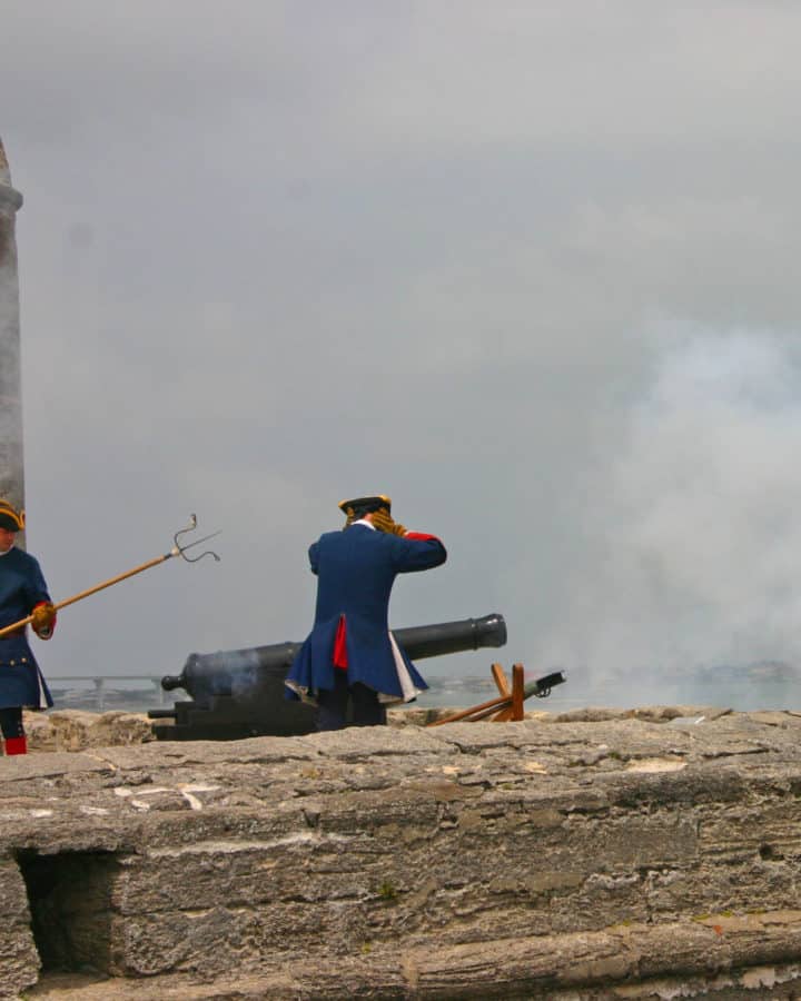 Fort Matanzas Re-enactors firing cannon in uniform