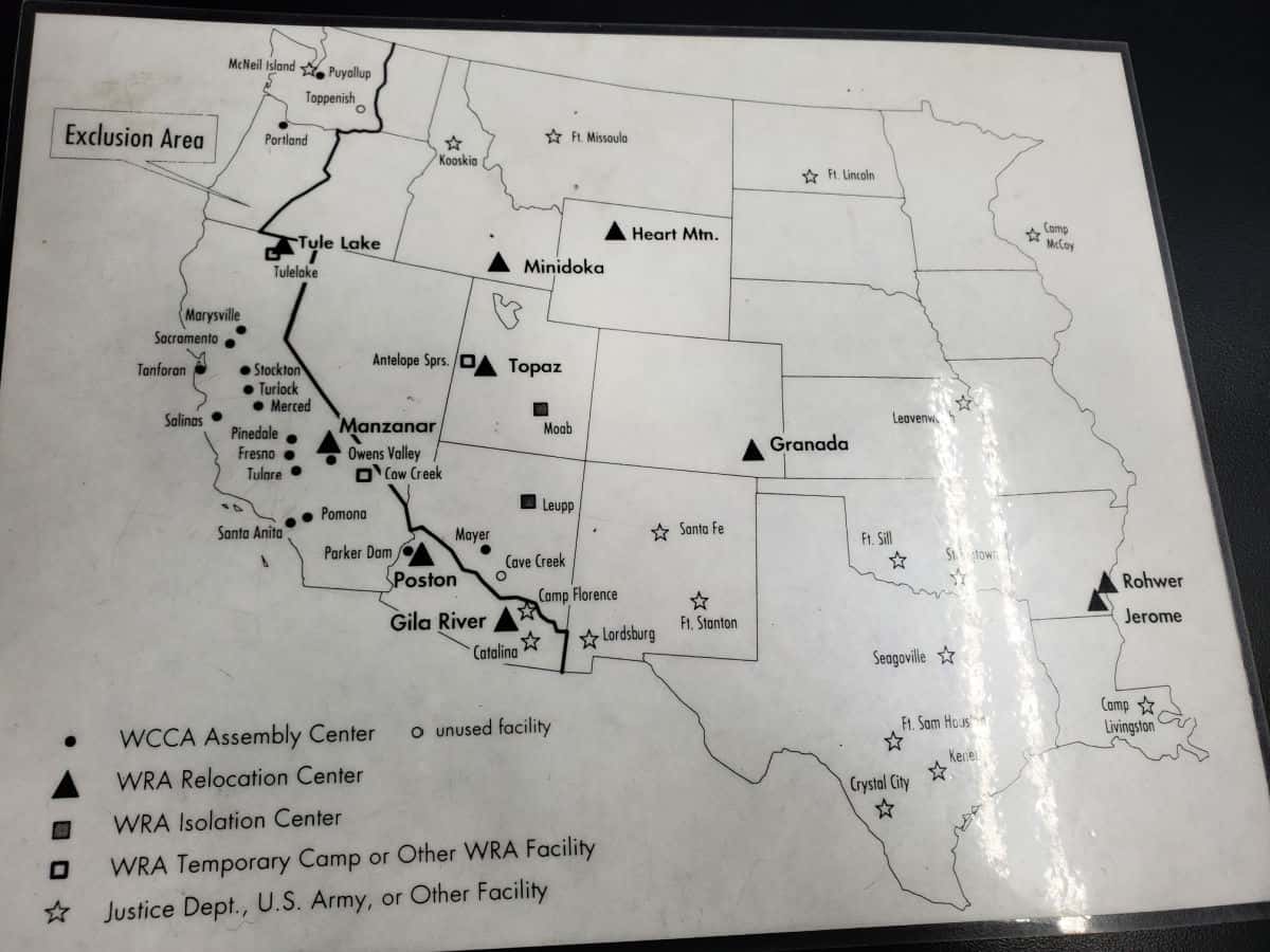 Map of Japanese Internment Camp Locations on the west coast of the US