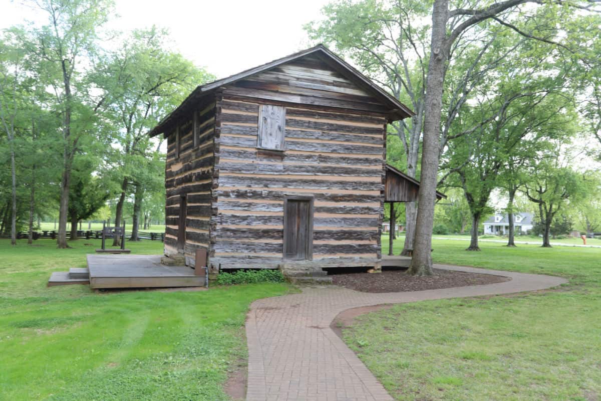 paved path leading to a two story log home