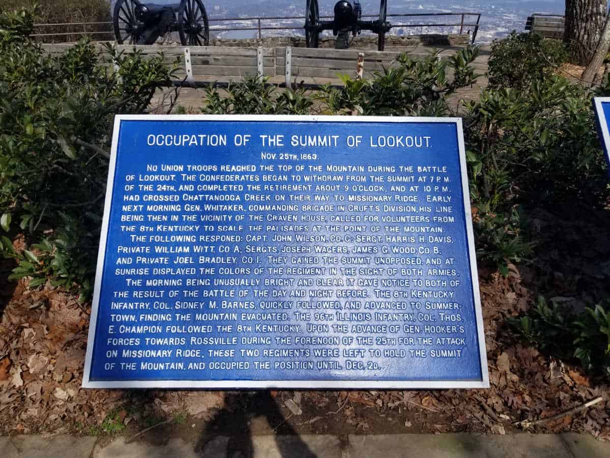 Blue interpretive panel about the Occupation of the Summit of Lookout 