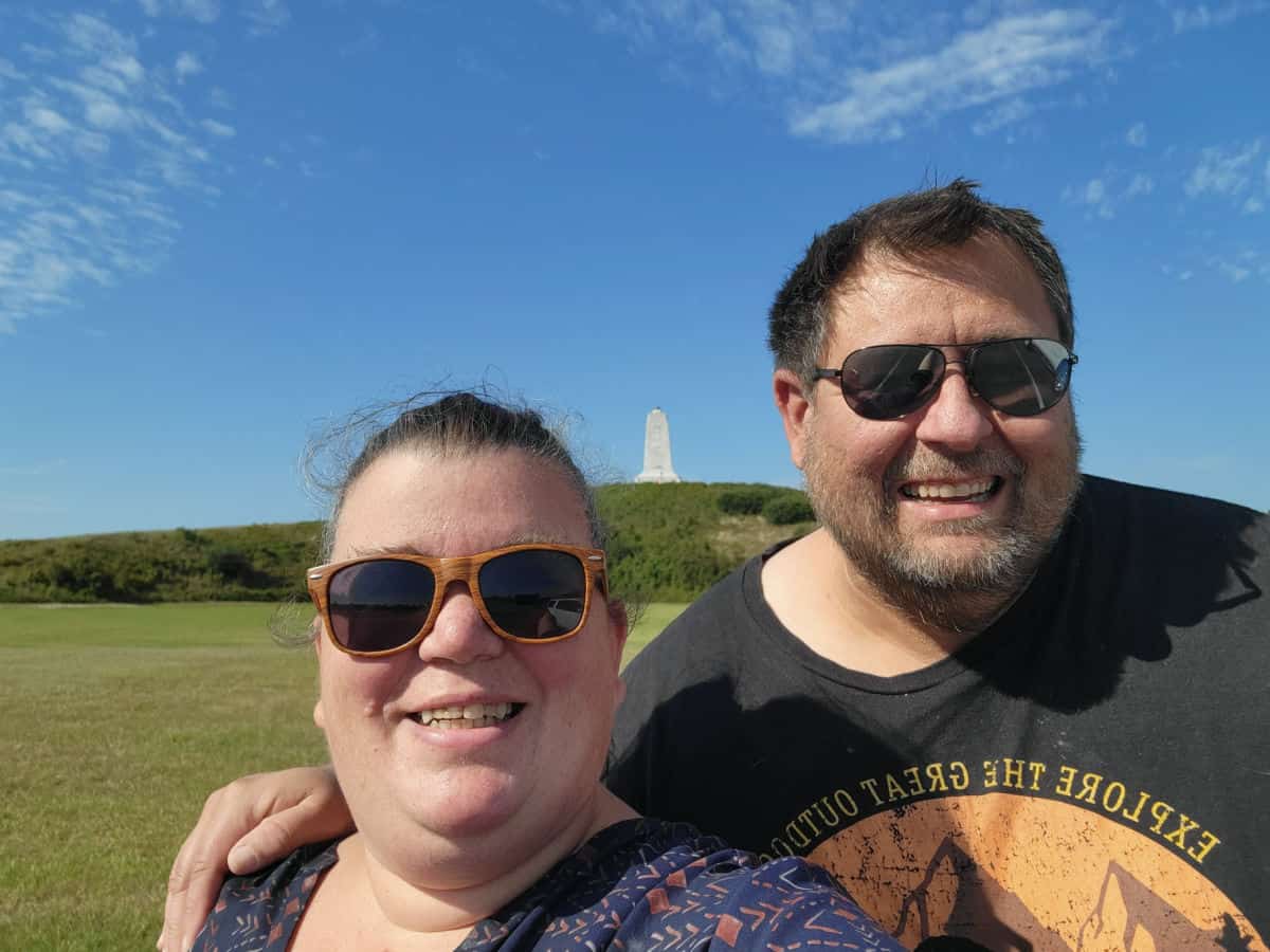 Tammilee and John in front of the Wright Brothers National memorial 