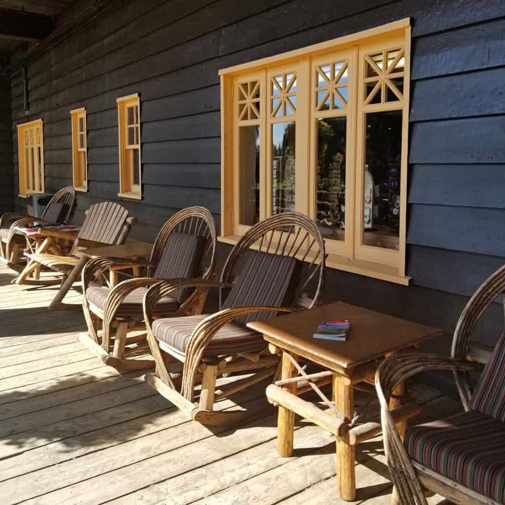 Chairs on the deck of Glacier Park Lodge
