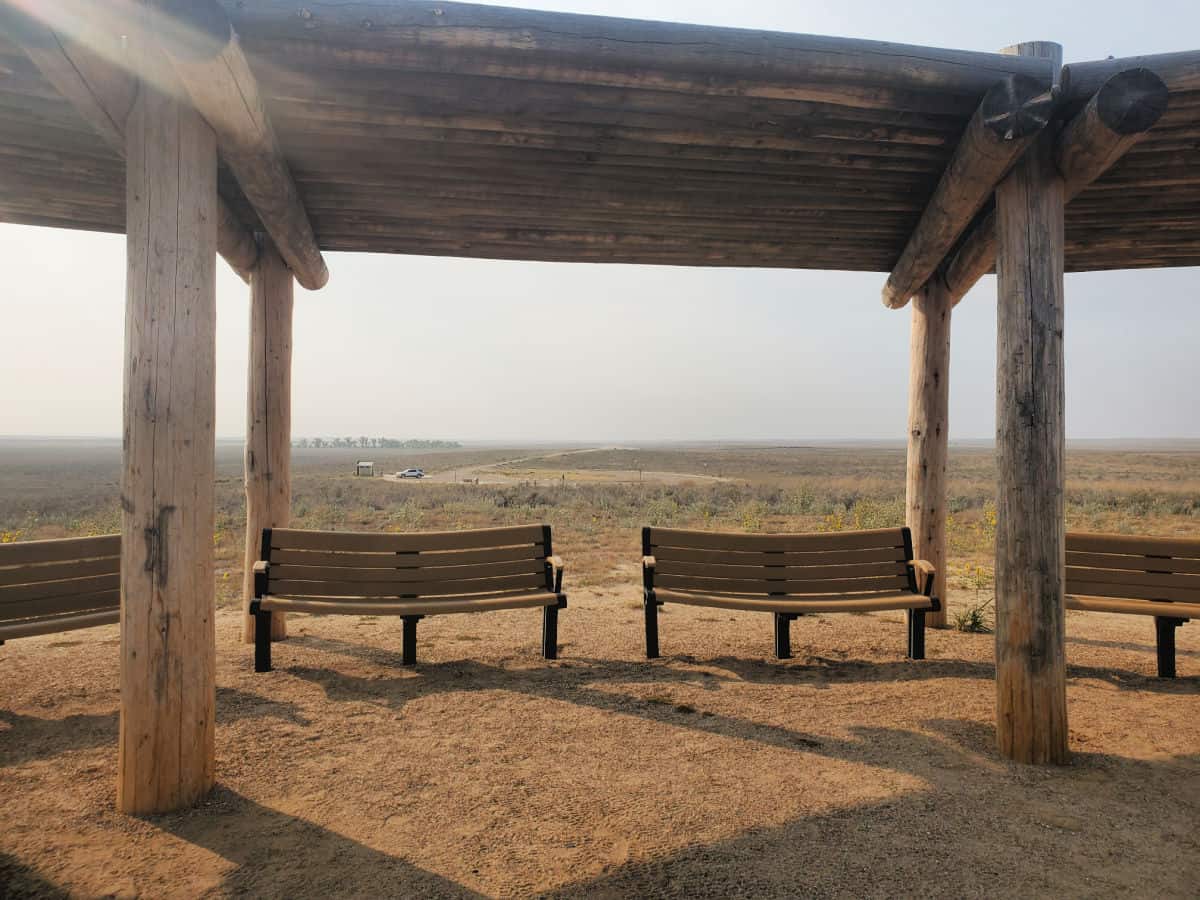 wooden cover over benches with cars in the background