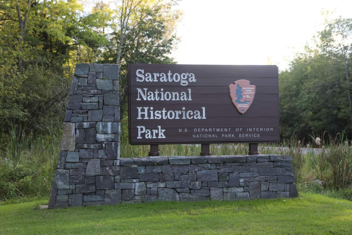 Entrance Sign for Saratoga National Historical Park with National Park Service Emblem