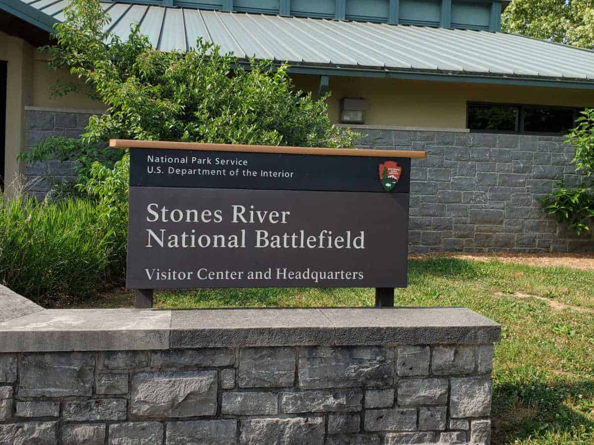 Stones River National Battlefield entrance sign in front of the visitor center 